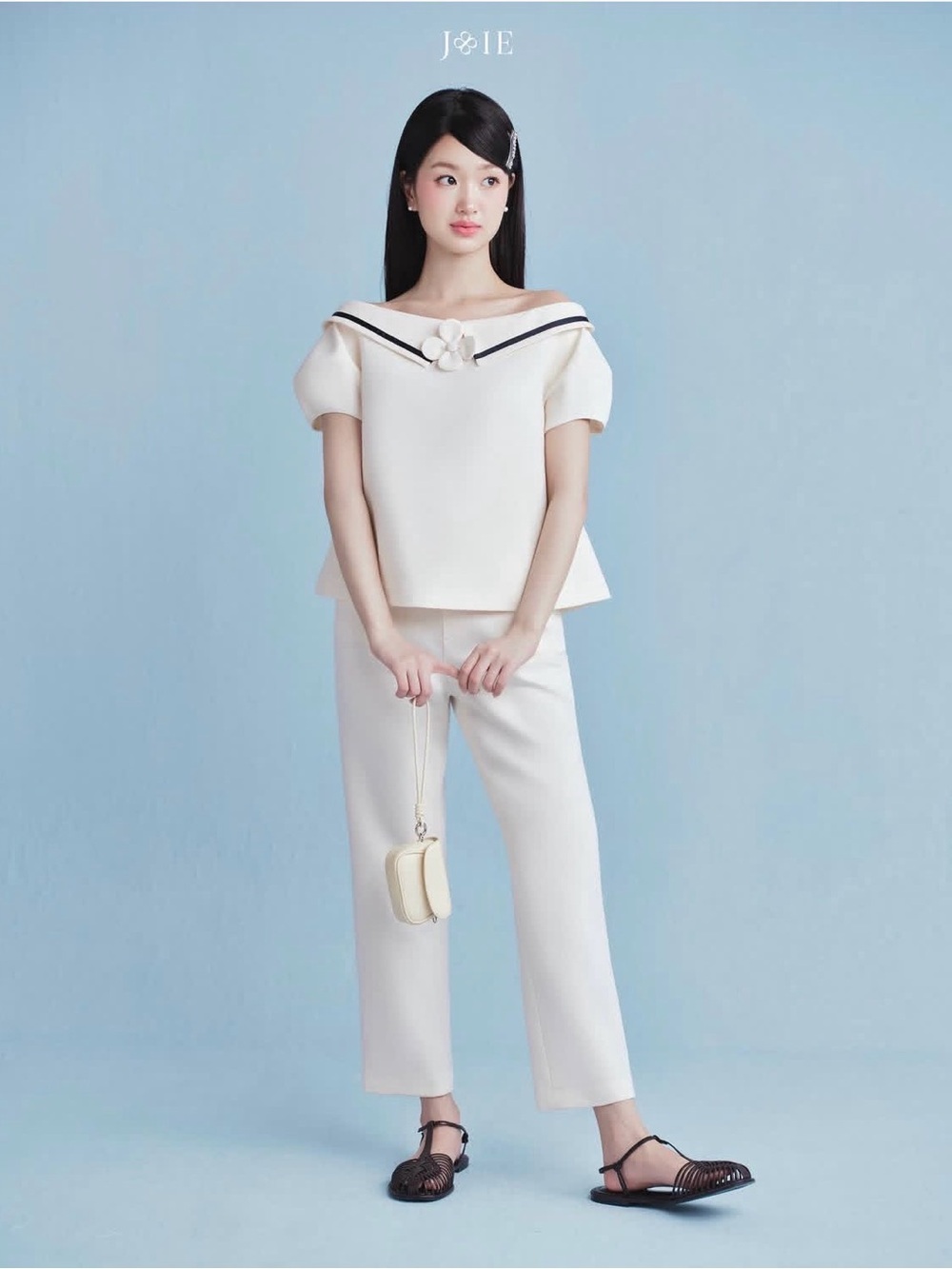 Elegant Cream Straight-Leg Pants & Off-Shoulder Top Set